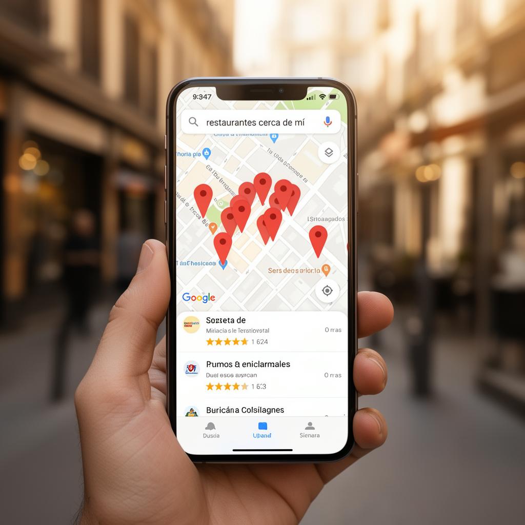 Móvil mostrando Google Maps con negocios locales y reseñas cercanas